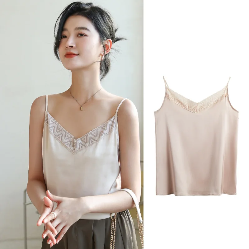 

New Solid Color V-Neck Satin Camisole Women's Loose Summer Knit Sleeveless Top French Camisole Ladies T-Shirt Girl Vest
