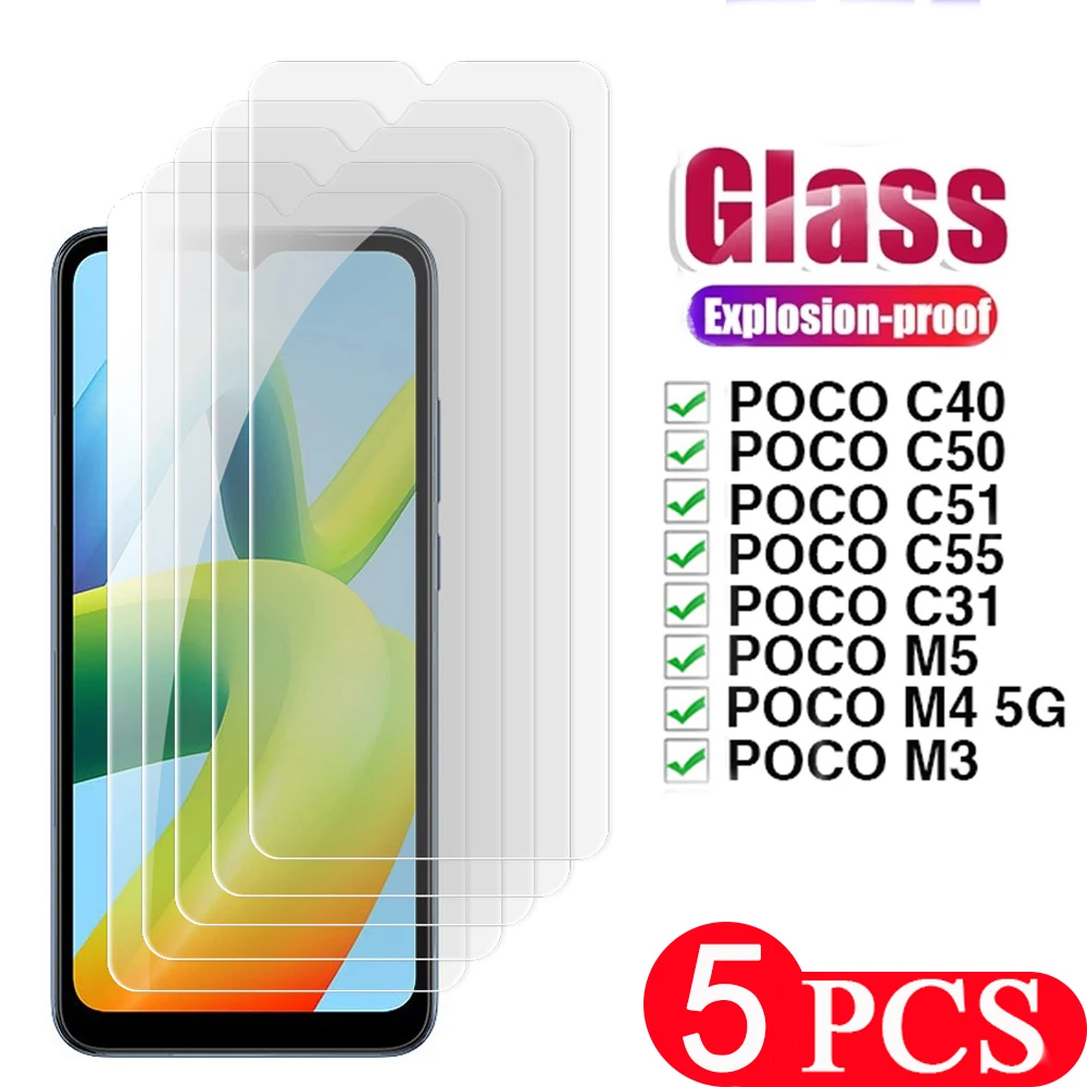 

5Pcs Glass screen protector For xiaomi Poco F5 Pro Tempered glass For Poco C55 C40 C50 C51 M5 M4 5G M3 C31 phone protective film