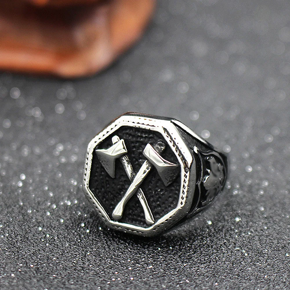 

Vintage Viking Warrior Cross Double Axe Ring For Men Stamp Fashion Nordic 316L Stainless Steel Biker Viking Ring Jewelry Gift