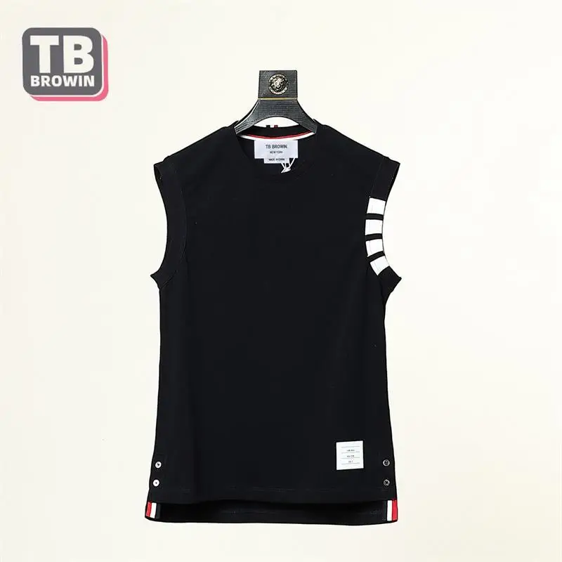 

Tb Browin Thom Men's Tide Brand Four-bar Striped Cotton Summer Round Neck Vest T-shirt Casual Trend Couple Wear