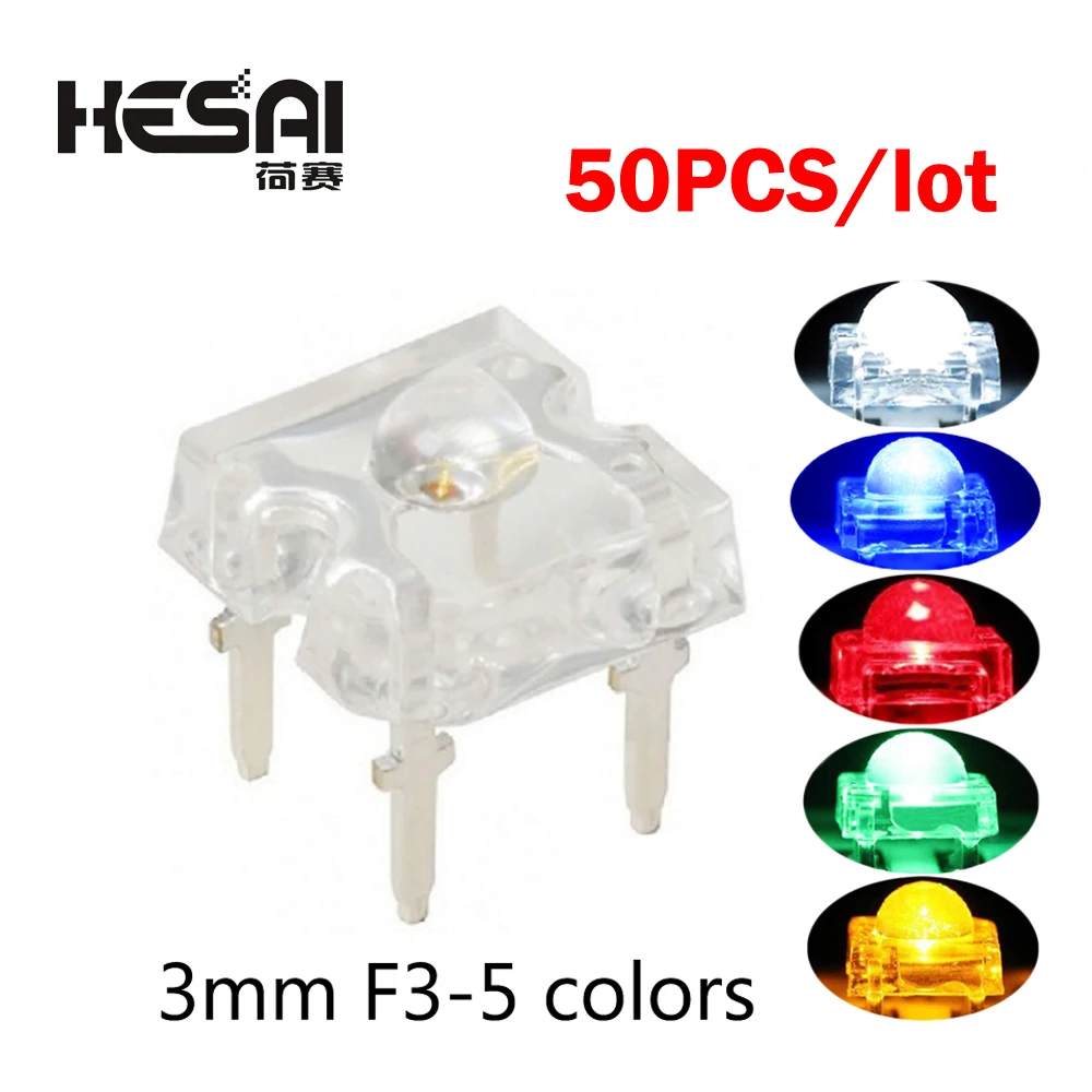 

50PCS/lot 3mm F3 Piranha LED White Red Green Blue Yellow 3mm LED Dome Led Lamp Wide Angle Super Bright Leds 4-Pin Diodes Bulb
