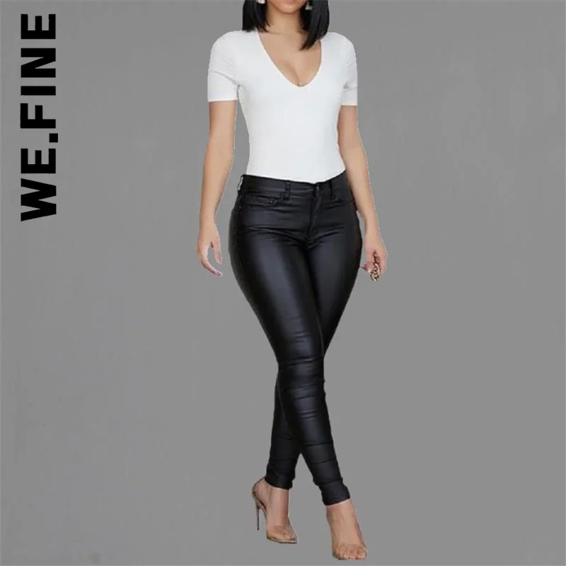 

We.Fine Women Fashion Pants Trousers Leather Sexy High Waist Elastic Stretch For Women Quality Elegant Pant Female Streetwear