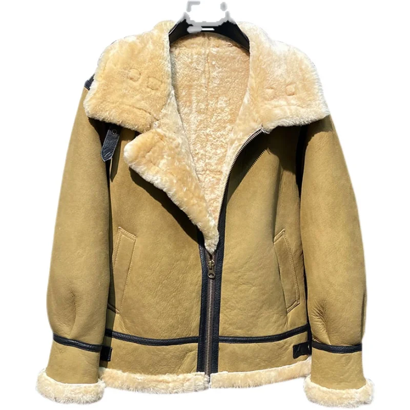 

2023 winter men's fashion vintage color lamb sheep fur sheepskin leather surface shearling wool lining biker jacket coat