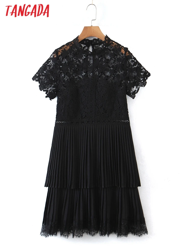 

Tangada 2022 Summer Women Black Lace Patchwork Pleated Dress Short Sleeve Ladies Backless Dress 8H38