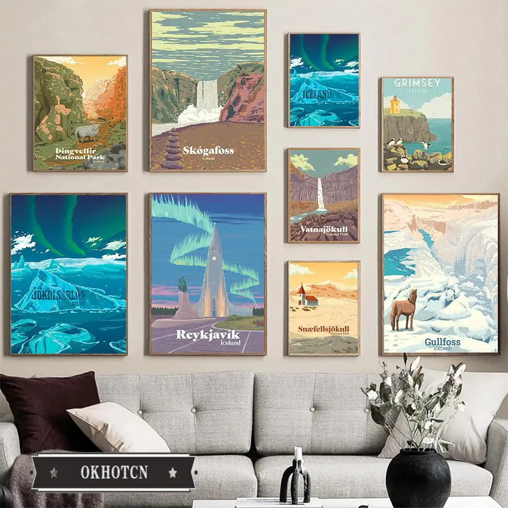 

Retro Travel City Poster Anime Iceland Landscape Waterfall Glacier Aurora Canvas Painting Wall Art Pictures for Room Home Decor