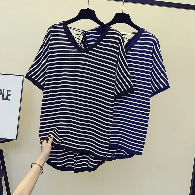 

Oversized Women clothing thin stripes Knitted Sweater Women V neck short sleeve Sweater Women Casual Female Pullover 4XL