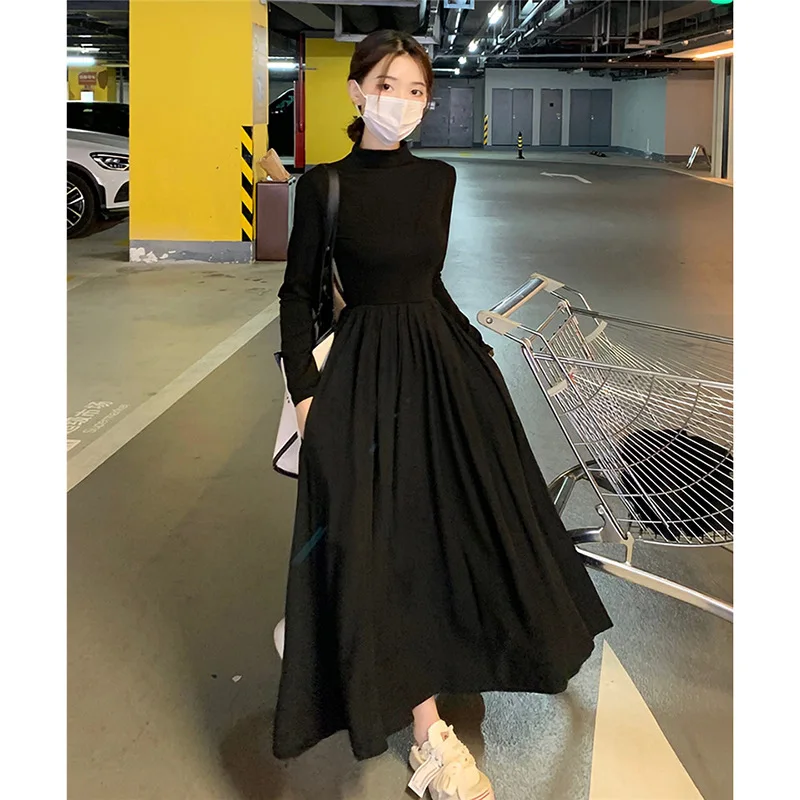 

Spring new small black dress women's half-height collar slim long sleeve dress French temperament skirt
