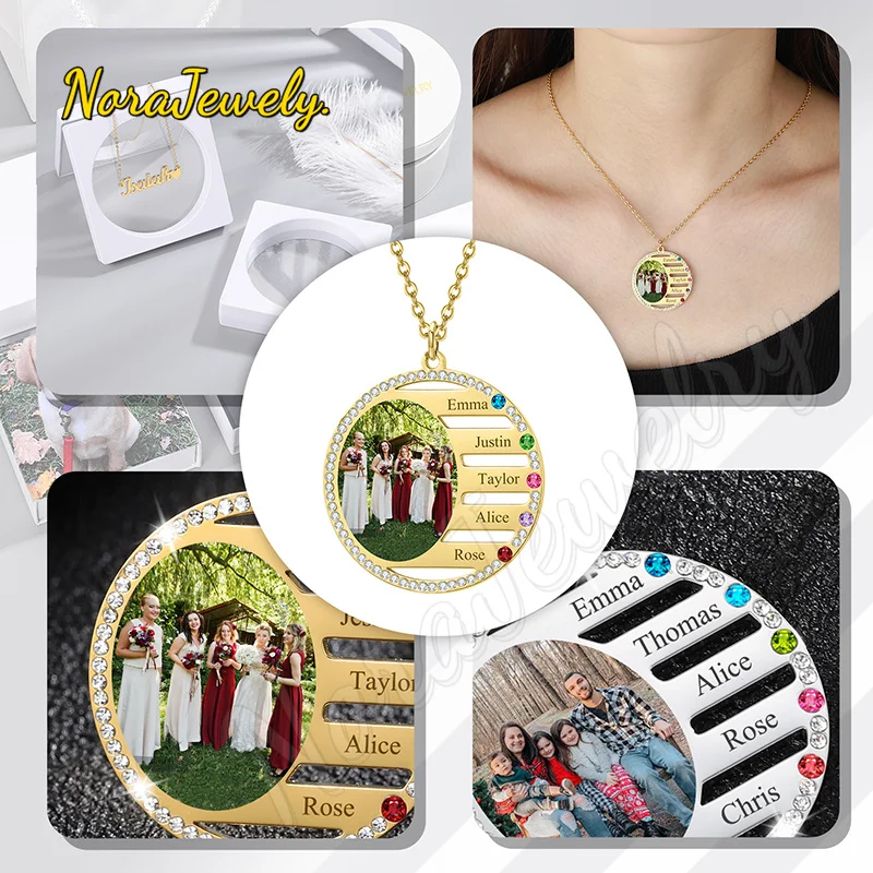 NORAJewelry Personalized NameNecklace For Family Gift Birthstone Crystal Pendant Engrave Necklace Custom Stainless Steel Jewelry