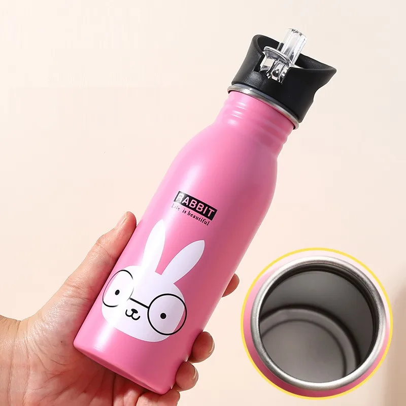 

500ml Outdoor Portable Water Bottle Stainless Steel Cute Animal Drink Cup With Straw Kettle For Cycling Camping Fishing