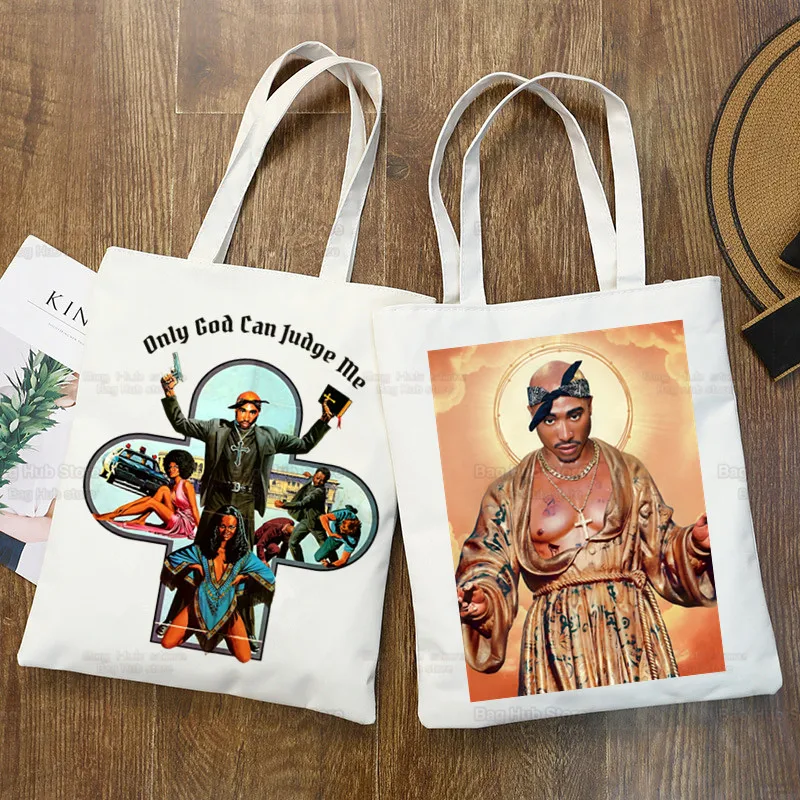 Tupac Shakur Rapper Harajuku Shopping Bag Women Canvas 2pac Rap Gangsta Tote Bags Eco Shopper Shoulder Bags