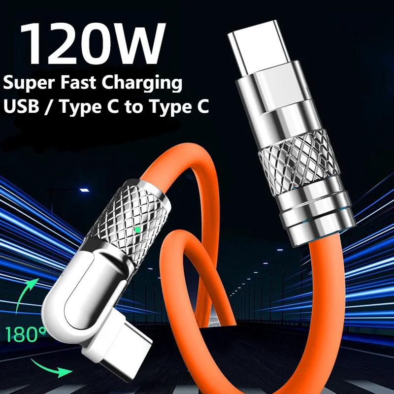 

100W PD Super Fast Charging Cable 180° Degree Machinist Data Cable Zinc Alloy for Huawei Fast Charging Type-C Charging Cable