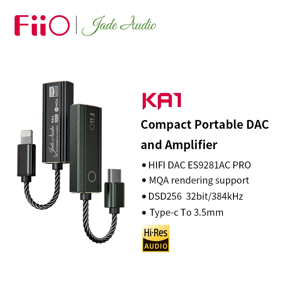 FiiO JadeAudio KA1 TypeC/Lightning to 3.5mm dongle, ES9281AC Pro MQA,DAC DSD256, HIFI Cable Adapter for Android IOS MAC Win10