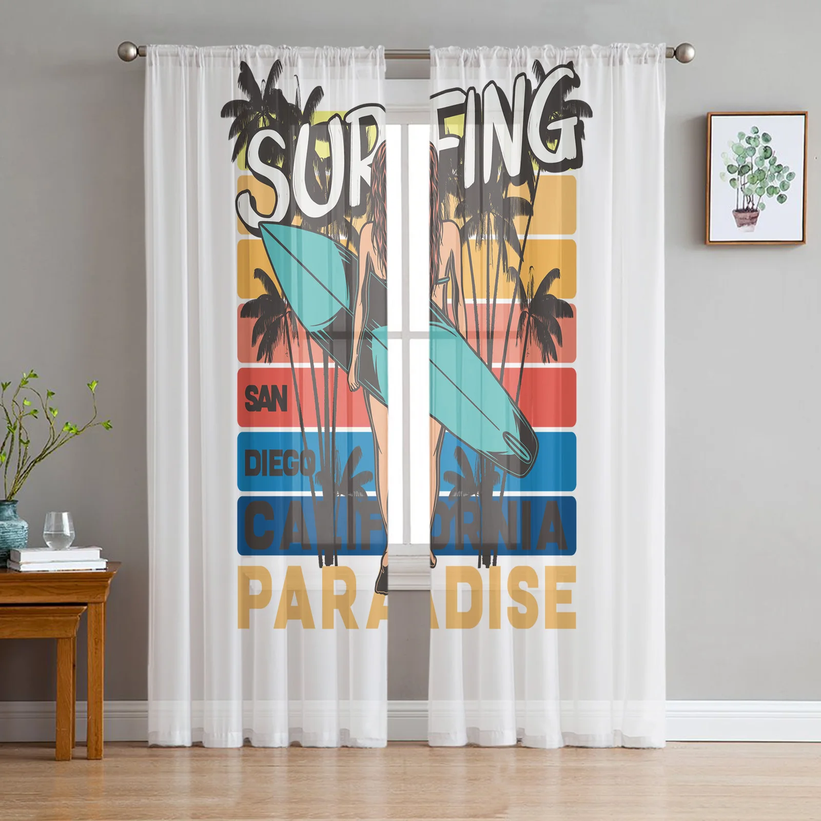 

Summer Surfer Girl Tulle Curtain for Living Room Balcony Decor Sheer Curtain for Kitchen Bedroom Fashion Home Decor