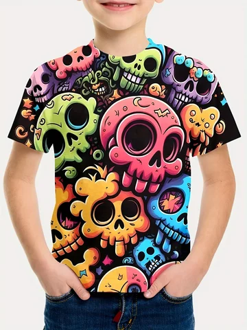 Детская винтажная забавная футболка в стиле хип-хоп в стиле панк с мультяшным рисунком черепа для мальчиков и девочек летние топы с коротким рукавом Детская Повседневная футболка