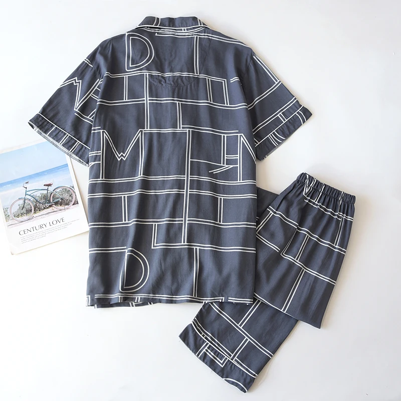 Viscose Pajamas For Men Set Spring/Summer Short Sleeve Trousers Home Suit Thin Plus Size Geometric Cardigan Sleepwear Loungewear