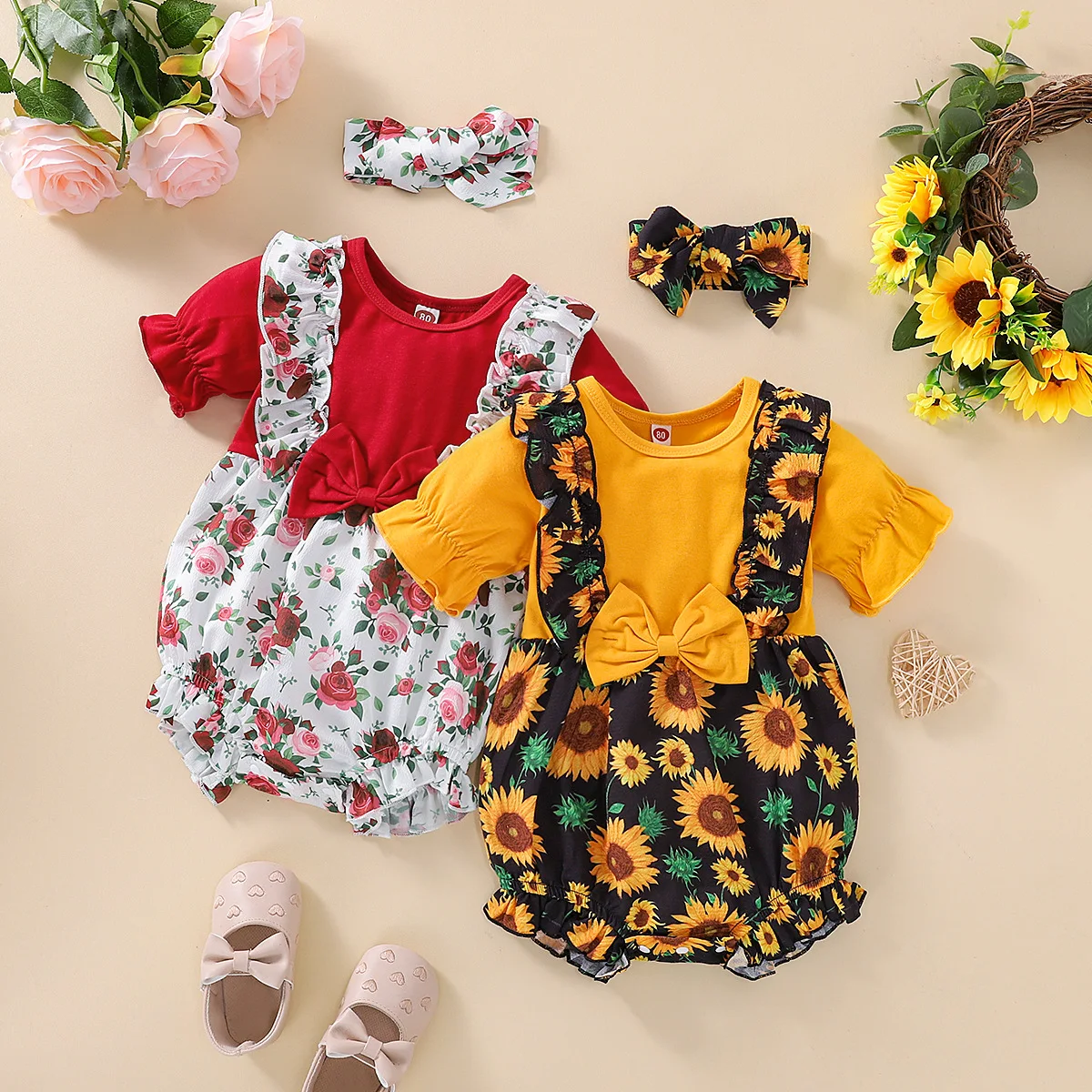 

Летние Комбинезоны для маленьких девочек 2 шт., комбинезоны для новорожденных с цветочным принтом, комбинезоны с коротким рукавом, круглым в...