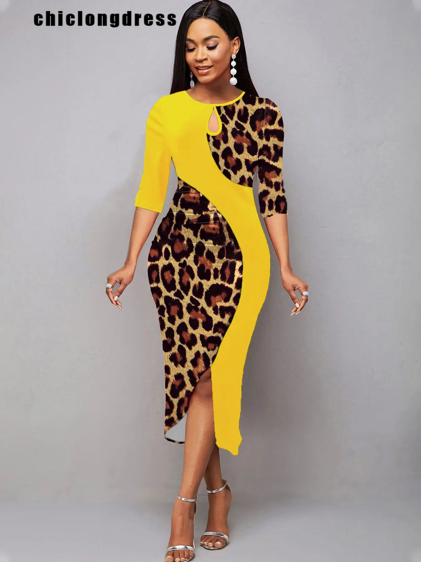 

Summer Fashion Leopard Print Slim Dress Women Office Ladies Sexy Hollow Out Split Pencil Dress Women