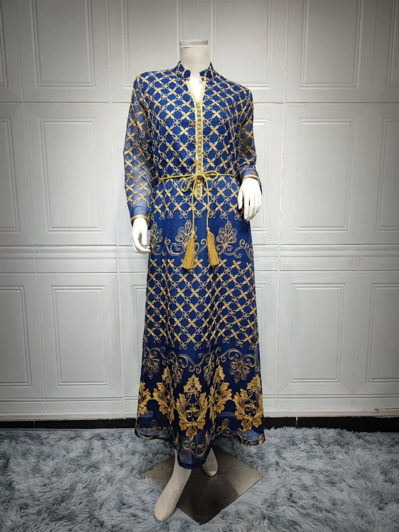 2023 Spring Summer Muslim Fashion Women Long Sleeve V-neck Polyester Embroidery Long Abaya Muslim Dress  Abayas for Women