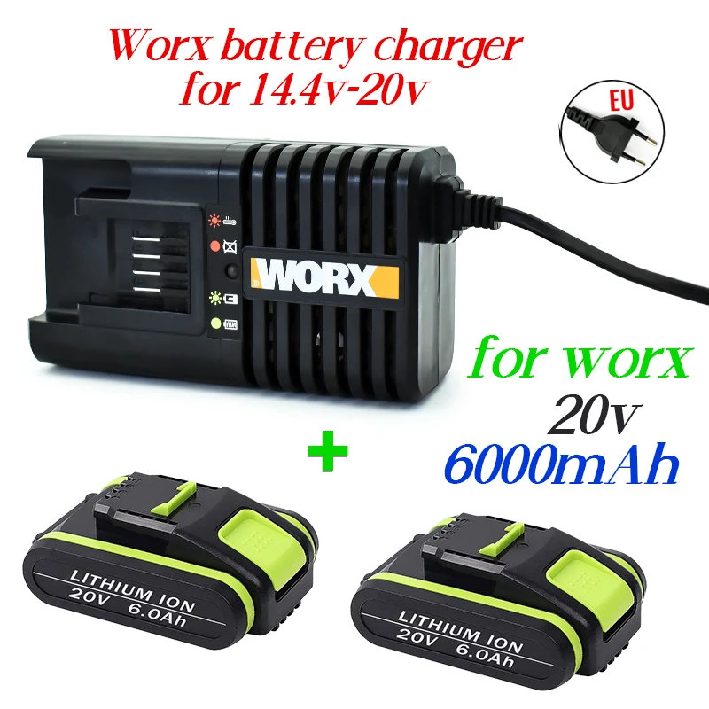Power Tools Rechargeable Replacement Battery 20V 6000mAh Lithium for Worx WA3551 WA3553 WX390 WX176 WX178 WX386 WX678+Charger