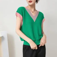 miyake pleated striped contrast color vest for women 2022 summer v neck fashion casual all match loose slimming top y2k shirt