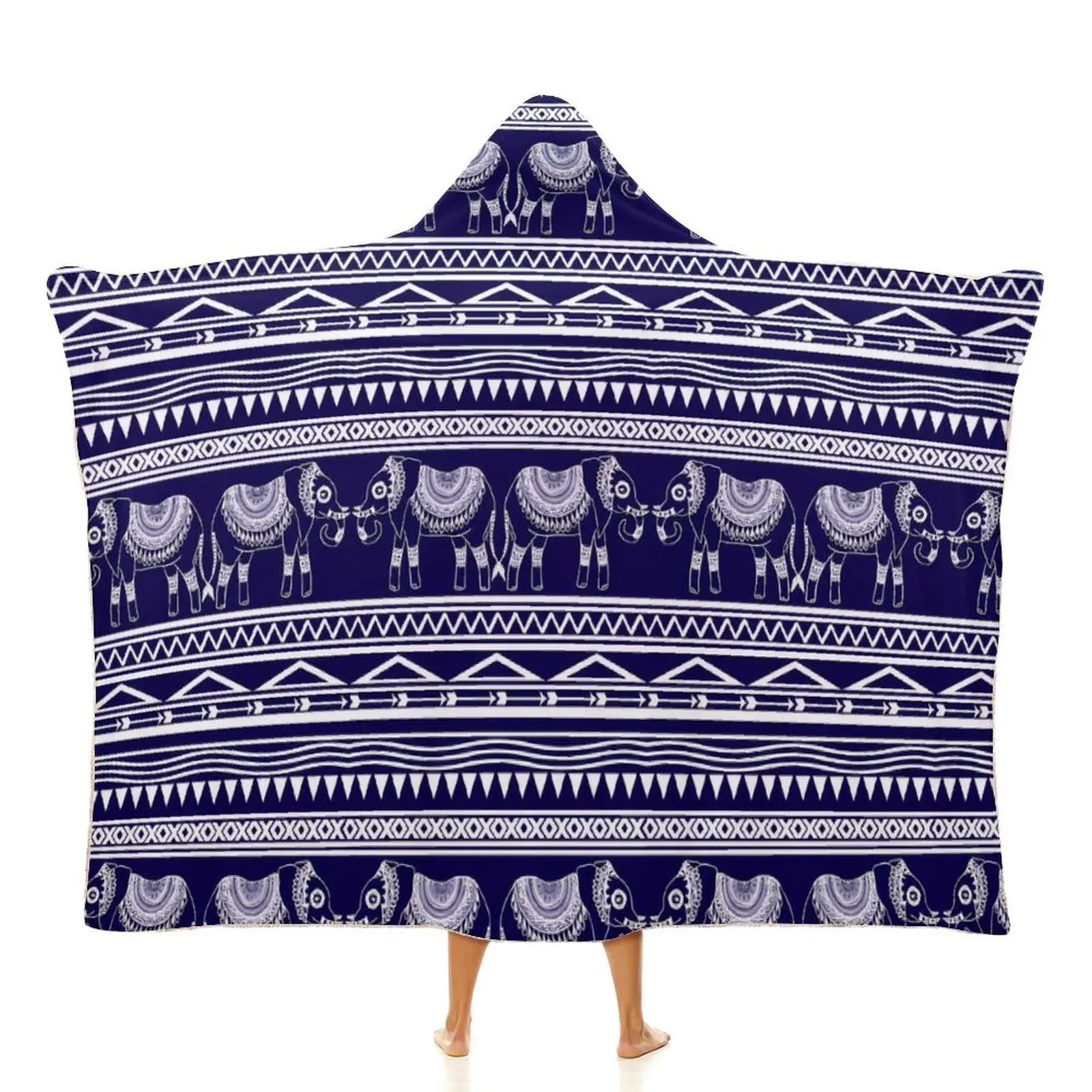 

Elephant Tribal Blanket White and Blue Cheap Beautiful Hooded Bedspread Fleece Car Soft Blanket