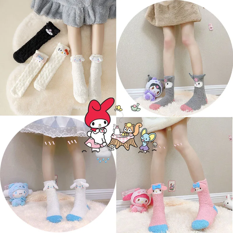 

Sanrios Hellokitty Kuromi Plush Socks Kawaii Anime My Melody Cinnamoroll Pompompurin Cartoon Middle Tube Thick Socks Winter Gift