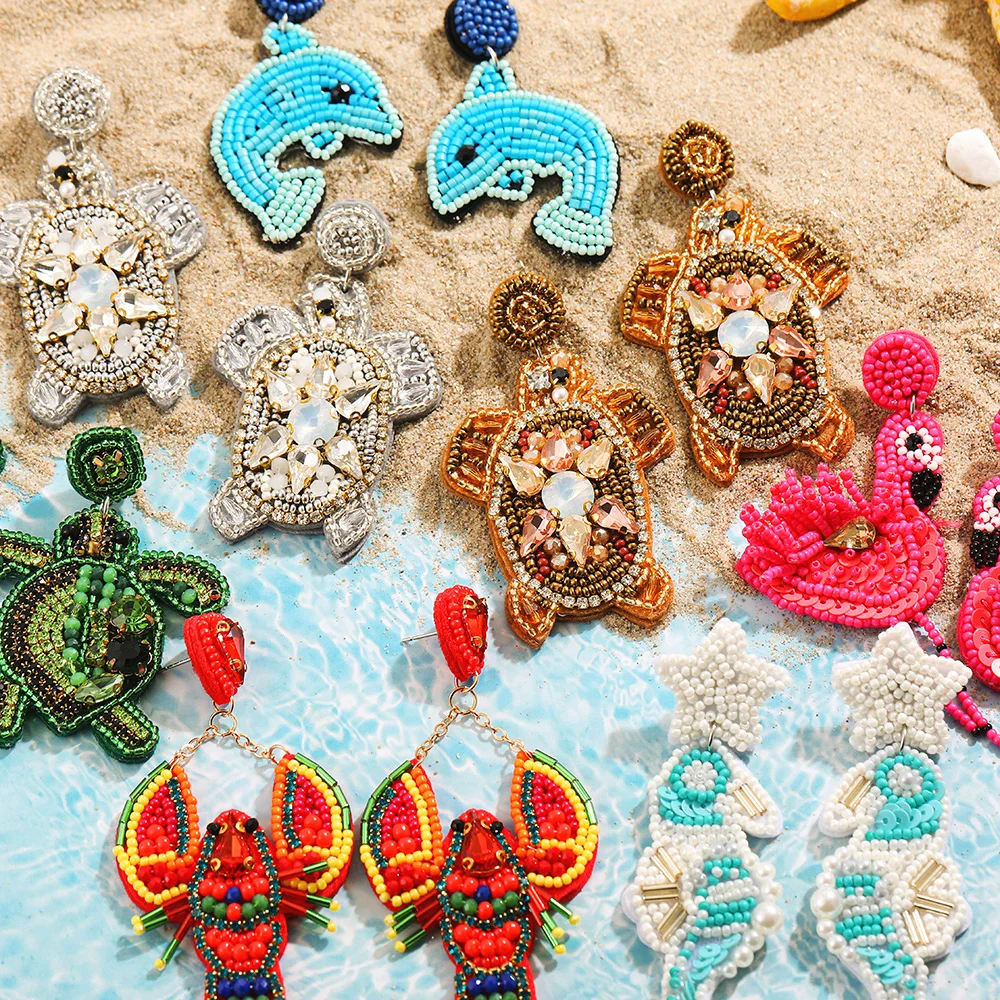 

Ocean Series Turtle Lobster Turtle Drop Earrings for Women Bohemian Handmade Seed Beads Crystal Dangle Earrings Beach Jewelry