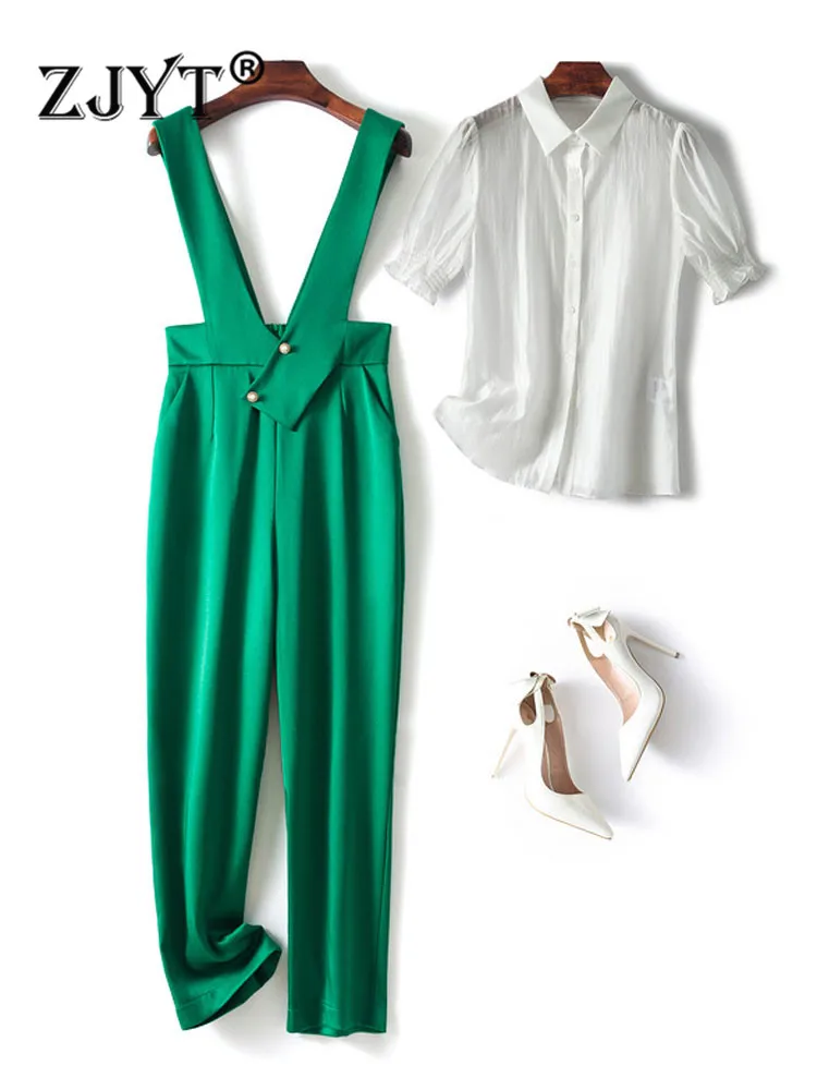 

ZJYT Summer Elegant Lady Office Pants 2Piece Sets Women Short Sleeve White Blouse and Trousers Suit Overalls Green Work Outfit