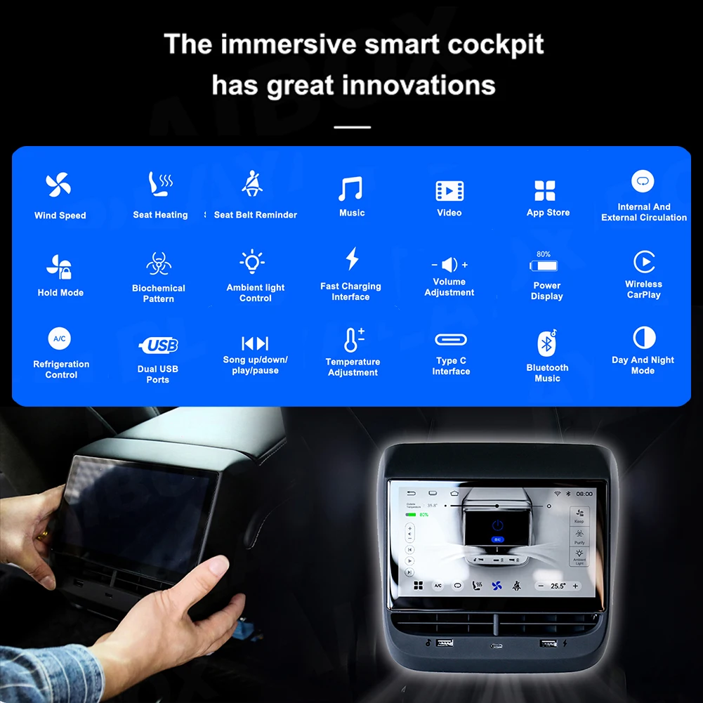 

1x For Tesla Model 3/Y 2019+ Multi-functional Display Rear Smart Entertainment Control System Display-Screen Support Carplay