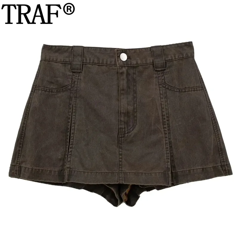 

TRAF 2023 Women's Skort Brown Min Skirt Pants High Waist Summer Short Skirt Shorts Woman Y2K Streetwear Pleated Girls Skirt