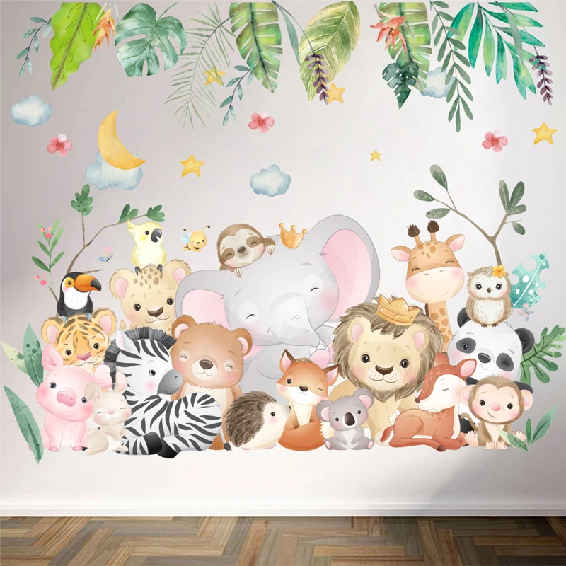 

Lovely Animals Party Wall Stickers For Home Decoration Elephant Lion Giraffe Owl Safari Mural Art Diy Kids Decals Pvc Poster