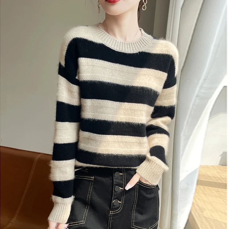 Модный универсальный женский семиконтактный горизонтальный шерстяной свитер из