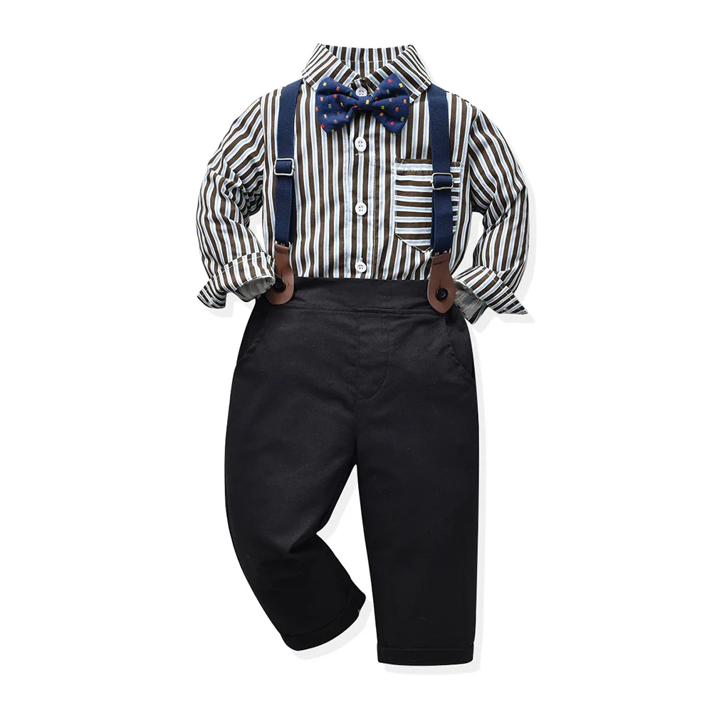 

Japanese and South Korea Boys Striped Long-sleeved Shirt Children's Suit New Autumn Suspenders Gentlemen's Dress Boys Clothes