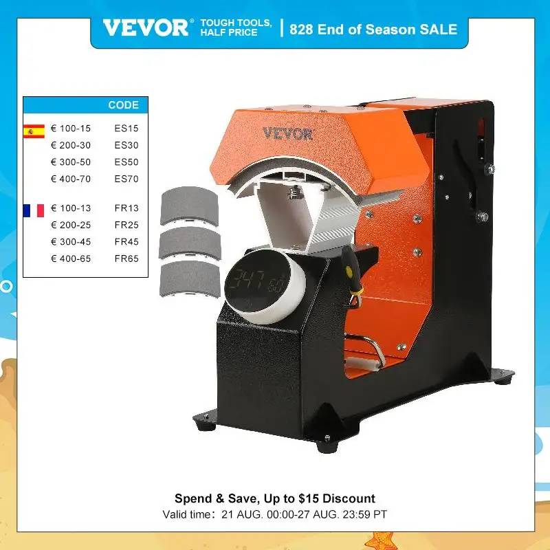 VEVOR 3-in-1 Auto Hat Cap Heat Press Machine 6.4x3.5in Press Knob Clamshell Sublimation Transfer w/ 3pcs Replaceable Heating Pad