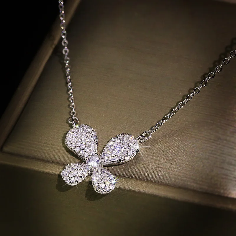 

Temperament exquisite full diamond flower necklace 925 silver wild white zircon clavicle necklace girls birthday party gift