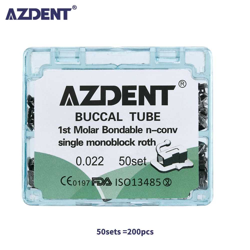 50 комплектов = 200 шт AZDENT Ортодонтическая Buccal трубка 1-я/2-я молярная Bondable N-Conv одиночный моноблок Roth 0,022/Roth0.018