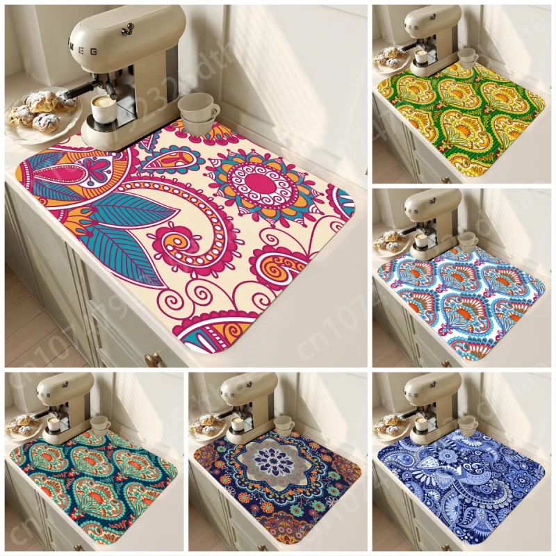 

Bohemian Luxury Pattern Super Absorbent Dish Drying Mat Non-slip Kitchen Coffee Drain Pad Quick Dry Aesthetic Decor Placemat