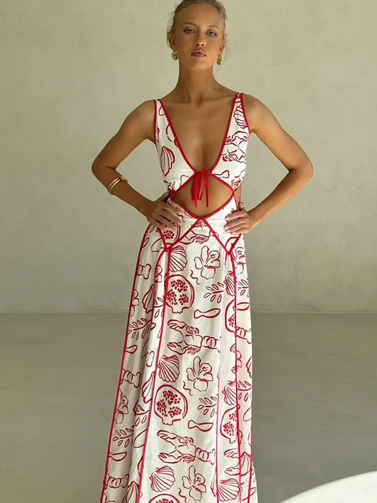 Женские платья макси 2025 Лето Сексуальное винтажное платье с принтом и v-образным