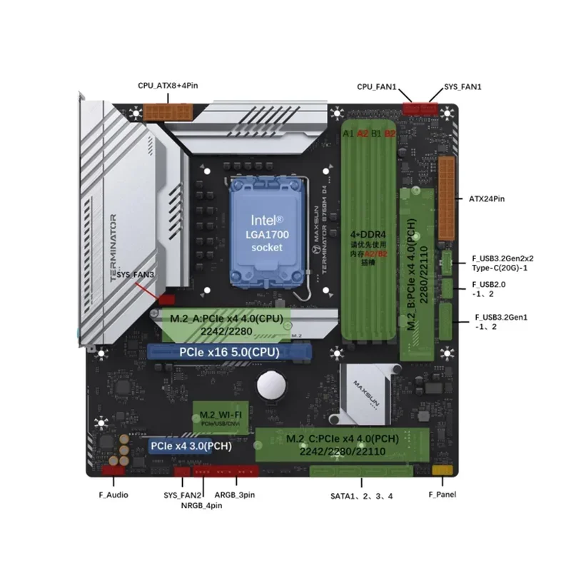 Терминатор материнской платы MAXSUN B760M D4 с Intel i5 12400F [без кулера] Поддержка 12/13 LGA1700 4 *