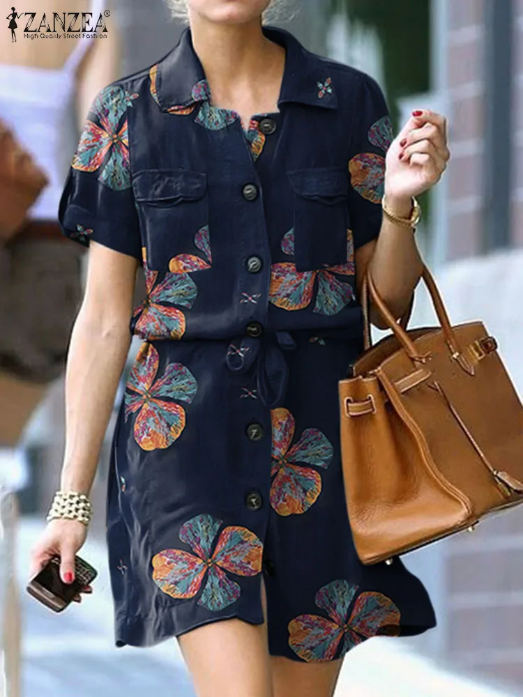 

Богемные платья-карго, стильное летнее платье ZANZEA, женский сарафан с коротким рукавом и отложным воротником, повседневные платья большого размера с цветочным принтом