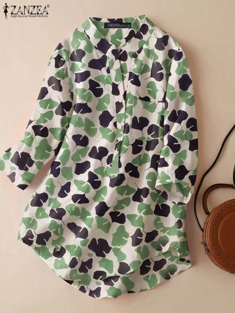 

Женская винтажная блузка ZANZEA оверсайз, топы с рукавом 3/4, футболки 2023, повседневные свободные пуловеры, элегантные женские блузки с пуговицами и круглым вырезом