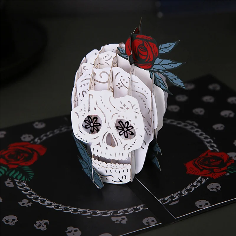 Фото ETRT 3D поздравительная открытка на Хэллоуин, фестиваль, вечерние приглашения, праздничная открытка, подарок, скелет, череп, роза, поздравительная открытка ужасов №2