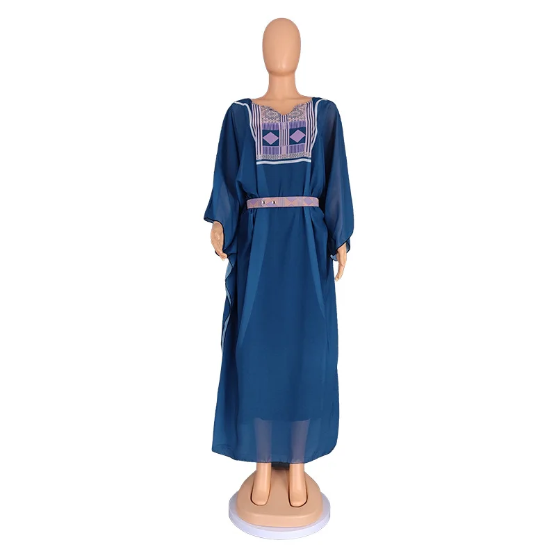 Two Piece Set African Dresses for Women Fall African Women Bat Sleeve V-neck Chiffon Long Dress African Print Dresses With Belt