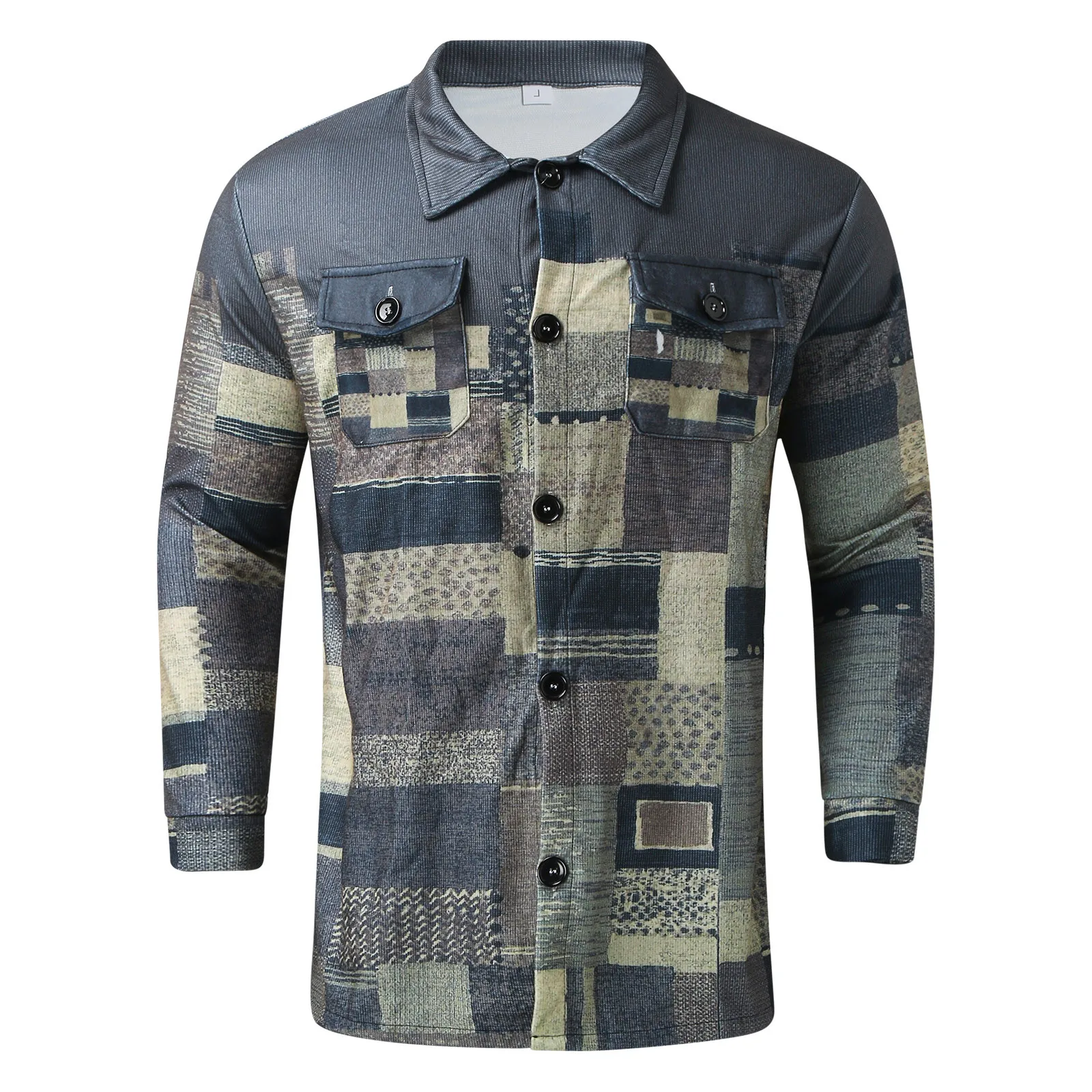 

Men Vintage Print Plaid Light Weight Thin Jacket Shirts Raglan Long Sleeve Button Down Chest Pocketed Shirts Coats Shacket