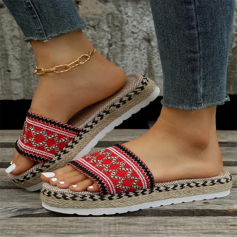 Vintage Ethnic Style Braide Geometry Beach Slipper Fashion Peep Toe Sandals Casual Thick Wedege Heel Slip-on Women's Shoes Flats