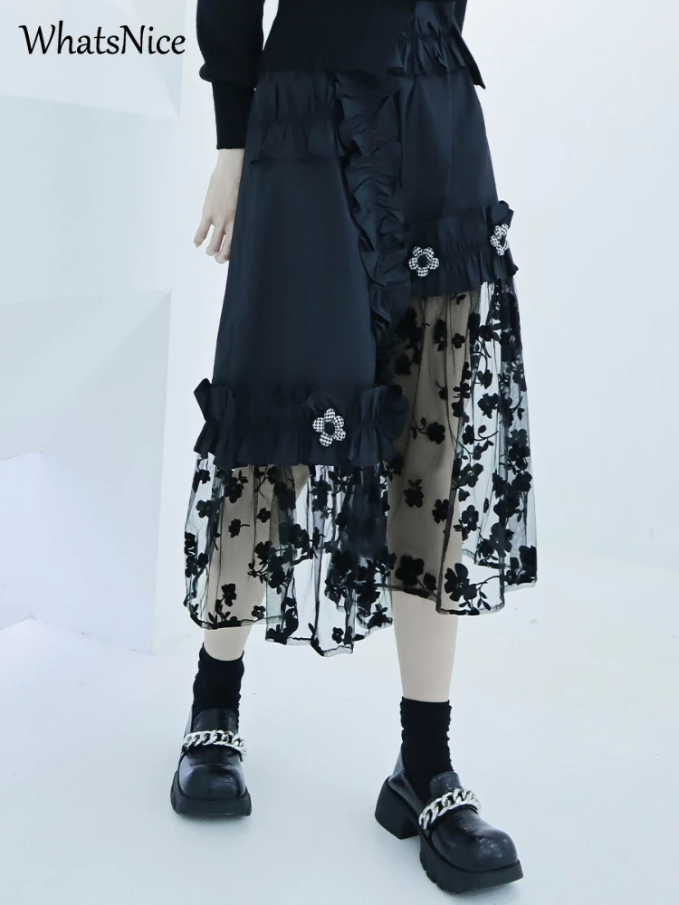 

Модные сексуальные женские юбки, Женская Флокированная сетчатая юбка, Повседневная Асимметричная черная юбка для девушек, Прямая поставка