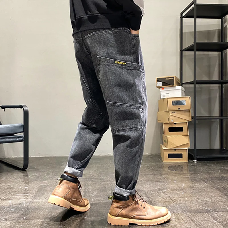 Men Clothing New Pattern Recreational Vintage Broad Leg Black Grey Jeans Straight Cylinder Large Loose Cargo Pants Autumn Female