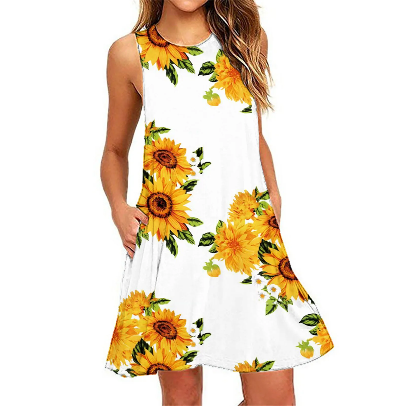 Bohemian Beachwear Short Dress Sunflower Print O-neck Dresses Female Summer Sleeveless Sundress Beach Vacation Vestido 2023 4 Bohemian Beachwear Short Dress Sunflower Print O-neck Dresses Female Summer Sleeveless Sundress Beach Vacation Vestido 2023 4