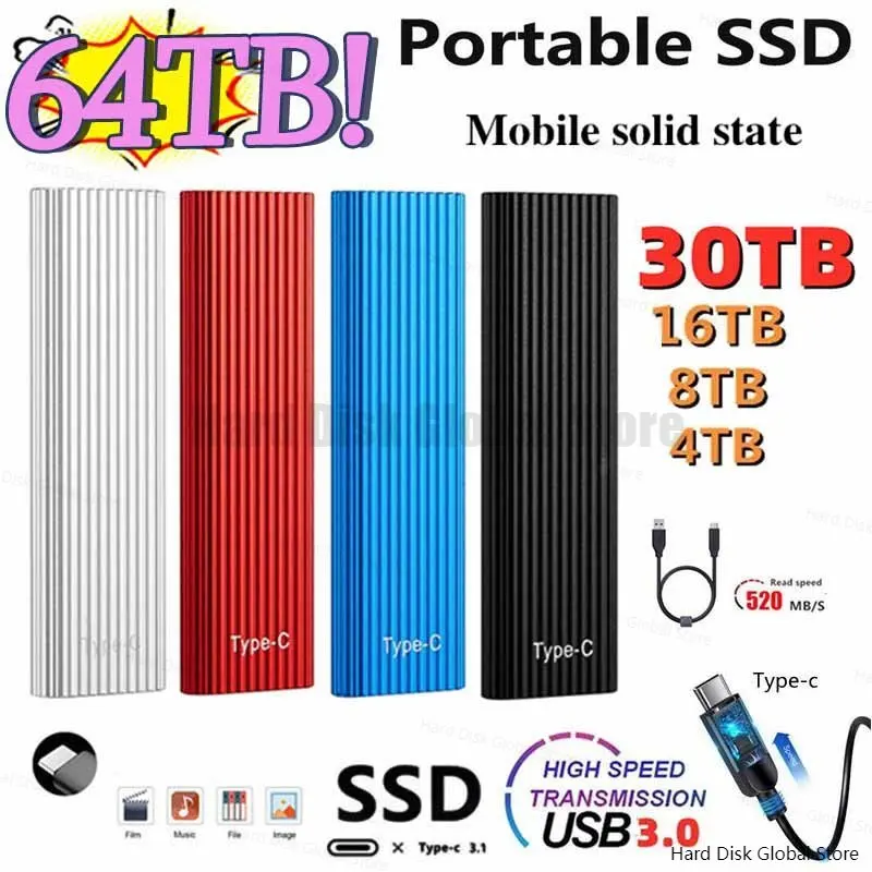 

Original SSD M2 Portable External Hard Drive 64TB USB Flash Drive USB3.1 Interface Solid State Drives for Laptop/Desktop/mac