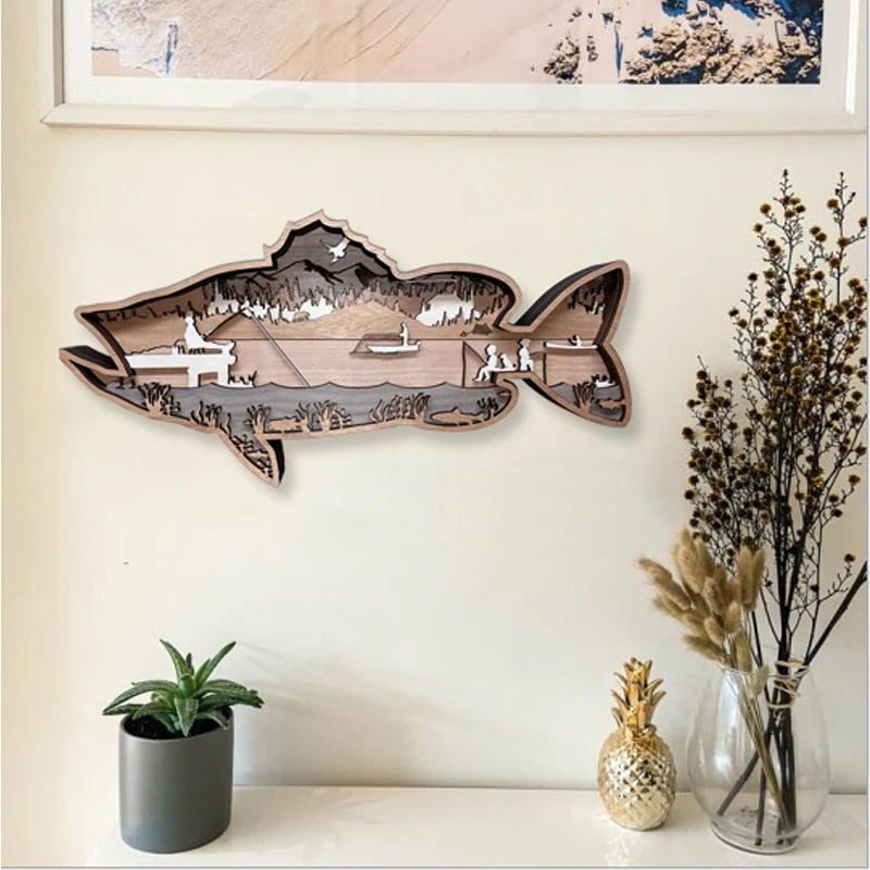 

Wooden Fish Shaped Angler Wall Hanging Decoration Retro Pendant Exquisite Largemouth Bass Fish Crappie Fish Carved Wooden Decor